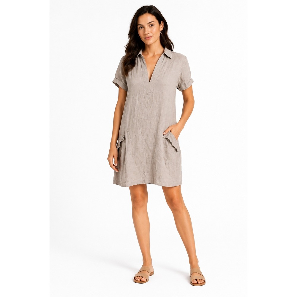 Max Studio London Linen Blend V-Neck Shift Dress Taupe Beige XS Pockets
